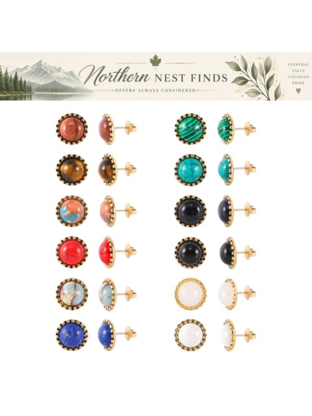 12 Pairs Gemstone Stud Earrings Set Stainless Steel 18K Gold Plated